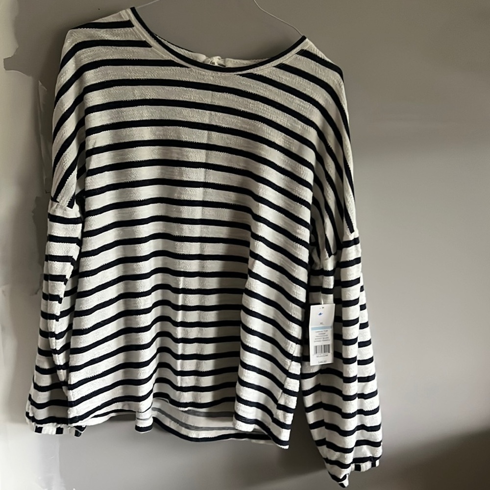 New Directions Striped Lightweight Cotton Sweater XL NWT Lace Up Back Nautical
